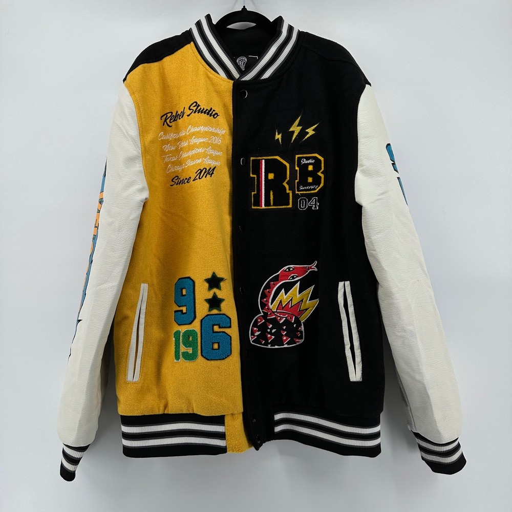 Rebel Minds Mens Varsity Jacket Yellow Black Embroidered Patch Snake SA268-1500
